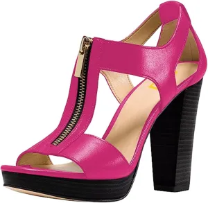 FSJ Women Peep Open Toe T-Strap Front Zipper Chunky Stacked High Heel Sandal Booties Platform Pumps Shoes Size 4-15 US