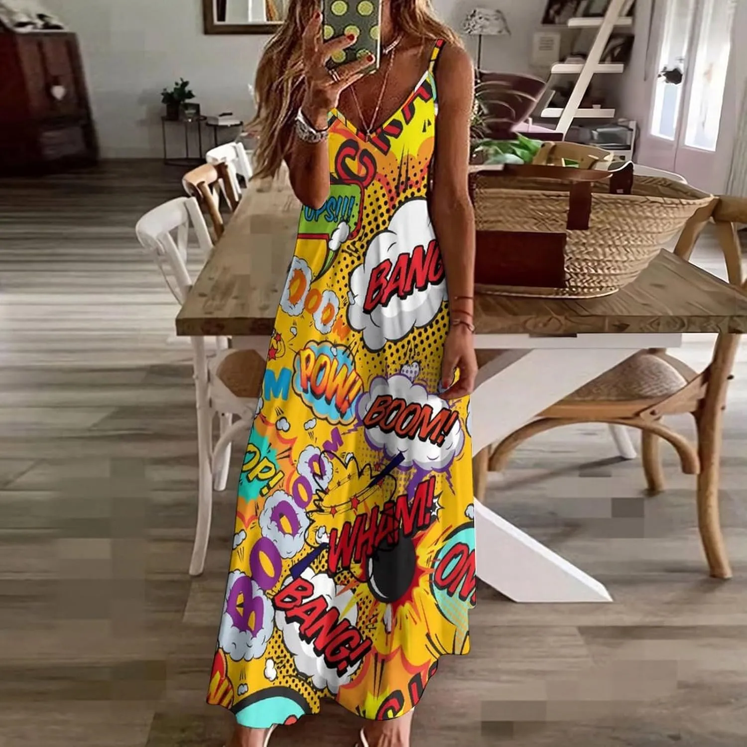 Fun Retro Comic Book Pop Art Explosions Women Dresses Front Zipper Party Dress Sleeveless Swing Casual Work Dress