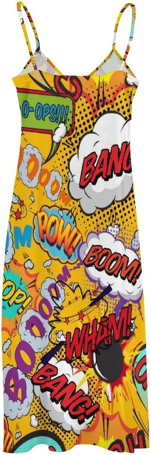 Fun Retro Comic Book Pop Art Explosions Women Dresses Front Zipper Party Dress Sleeveless Swing Casual Work Dress