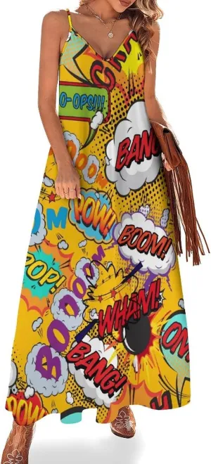 Fun Retro Comic Book Pop Art Explosions Women Dresses Front Zipper Party Dress Sleeveless Swing Casual Work Dress