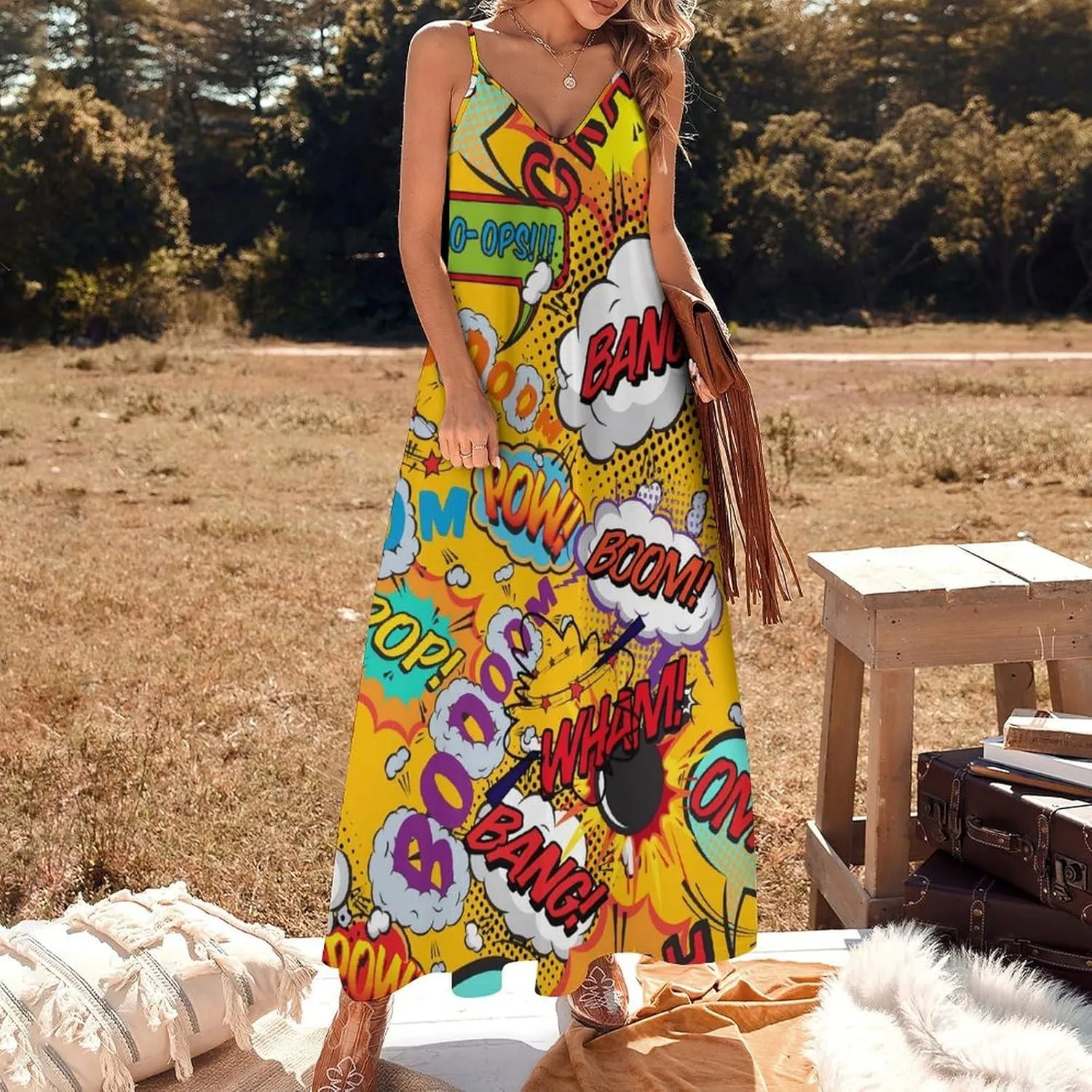 Fun Retro Comic Book Pop Art Explosions Women Dresses Front Zipper Party Dress Sleeveless Swing Casual Work Dress