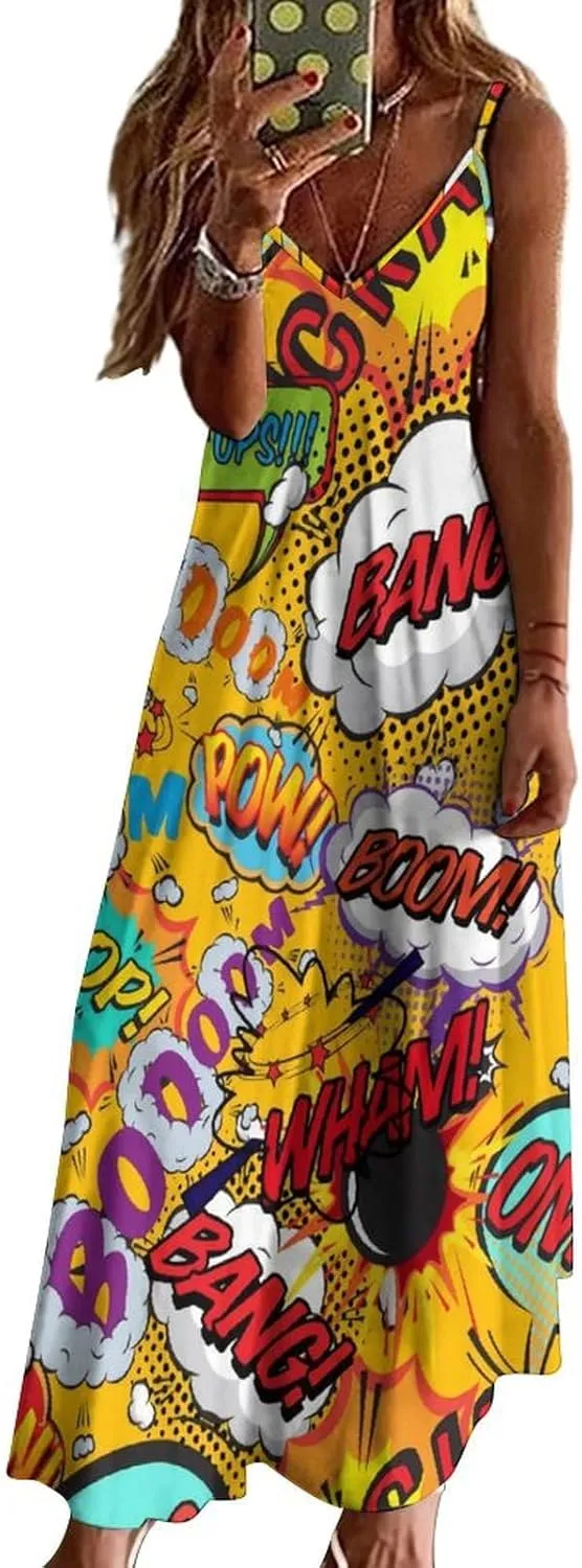 Fun Retro Comic Book Pop Art Explosions Women Dresses Front Zipper Party Dress Sleeveless Swing Casual Work Dress
