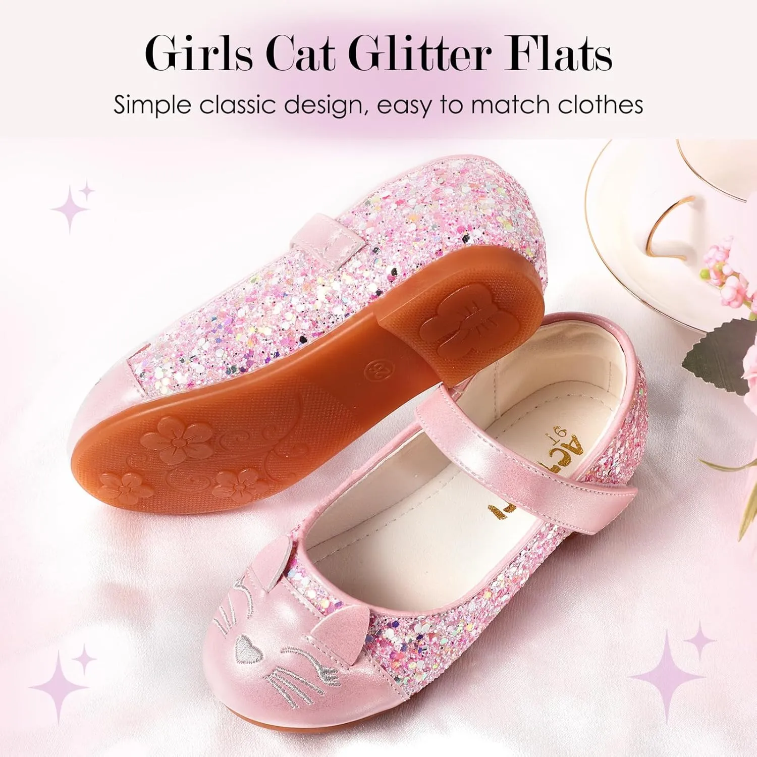 Funny Cat Glitter Princess Ballet Flats for Girls, Mary Jane Shoes Dress Shoes for Girl Back to School Princess Wedding (Toddler/Little Kid/Big Kids)