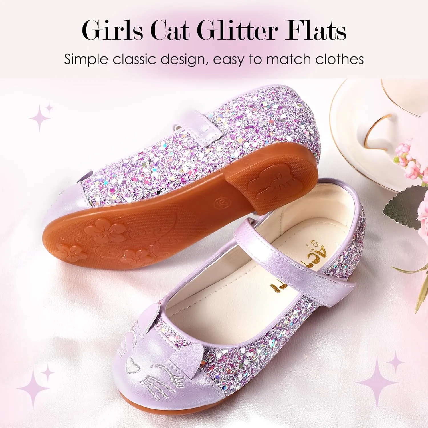 Funny Cat Glitter Princess Ballet Flats for Girls, Mary Jane Shoes Dress Shoes for Girl Back to School Princess Wedding (Toddler/Little Kid/Big Kids)