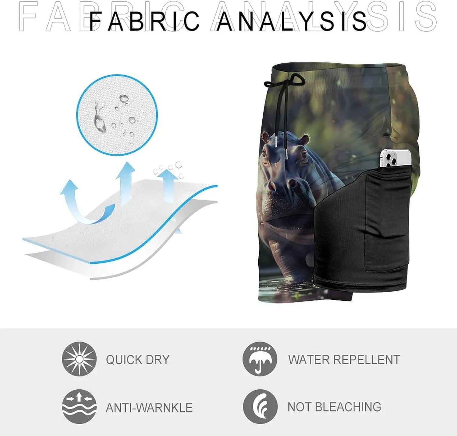 Funny Hippo Animal Men's Swim Trunks Quick Dry Board Shorts Swimwear Beach Shorts with Compression Liner