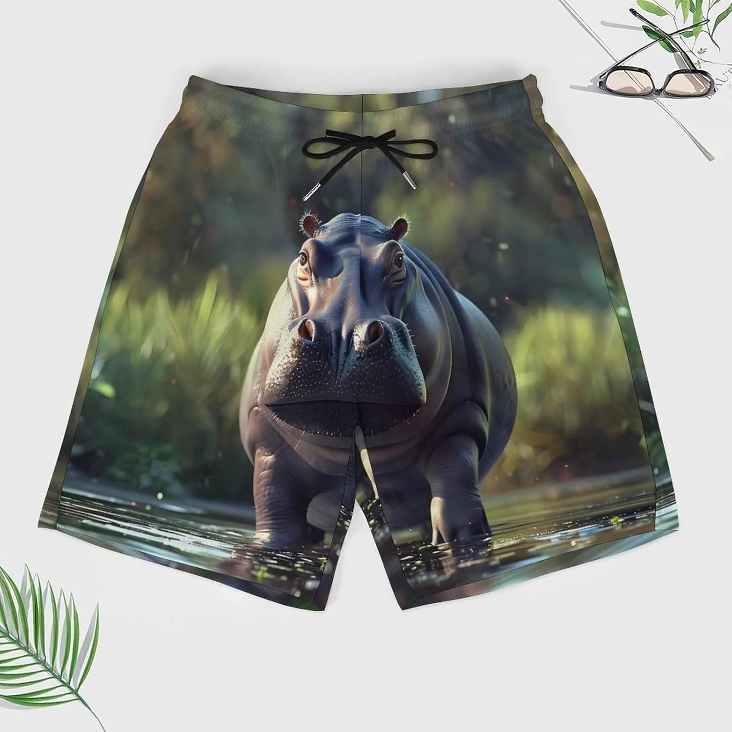 Funny Hippo Animal Men's Swim Trunks Quick Dry Board Shorts Swimwear Beach Shorts with Compression Liner