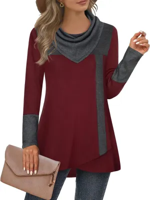 Furnex Women's Long Sleeve Cowl Neck Tunic Top Casual Pullover Sweatshirt