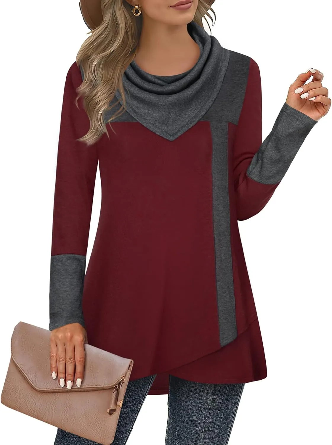 Furnex Women's Long Sleeve Cowl Neck Tunic Top Casual Pullover Sweatshirt