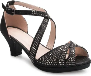 Girl's Cute Adorable Strappy Glitter Open Toe Heel Sandals - Adjustable Buckle, BLACK 11