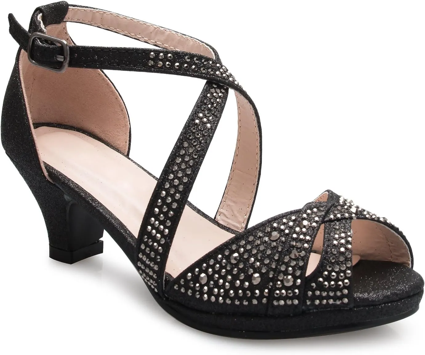 Girl's Cute Adorable Strappy Glitter Open Toe Heel Sandals - Adjustable Buckle, BLACK 11