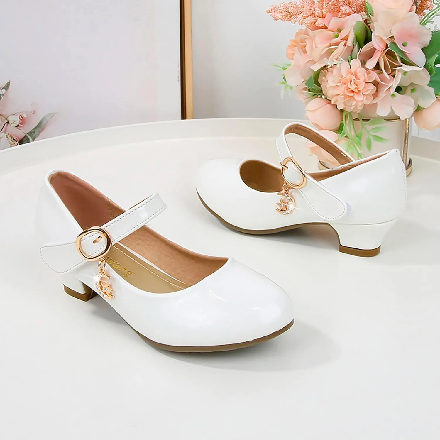Girls Dress Shoes Low Heel Flats Mary Jane Flower Wedding Party Glitter Dance Shoes for Kids Toddler