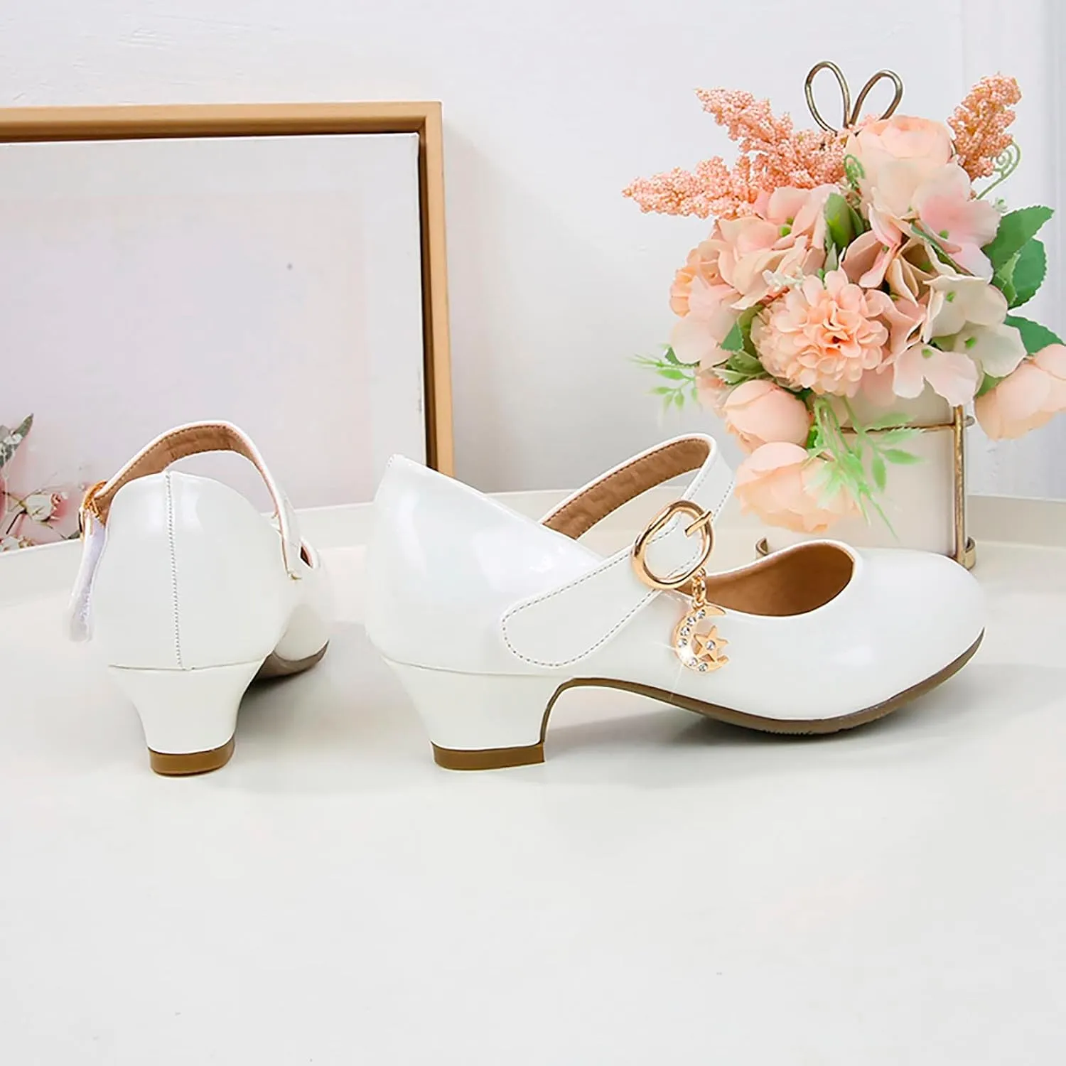 Girls Dress Shoes Low Heel Flats Mary Jane Flower Wedding Party Glitter Dance Shoes for Kids Toddler