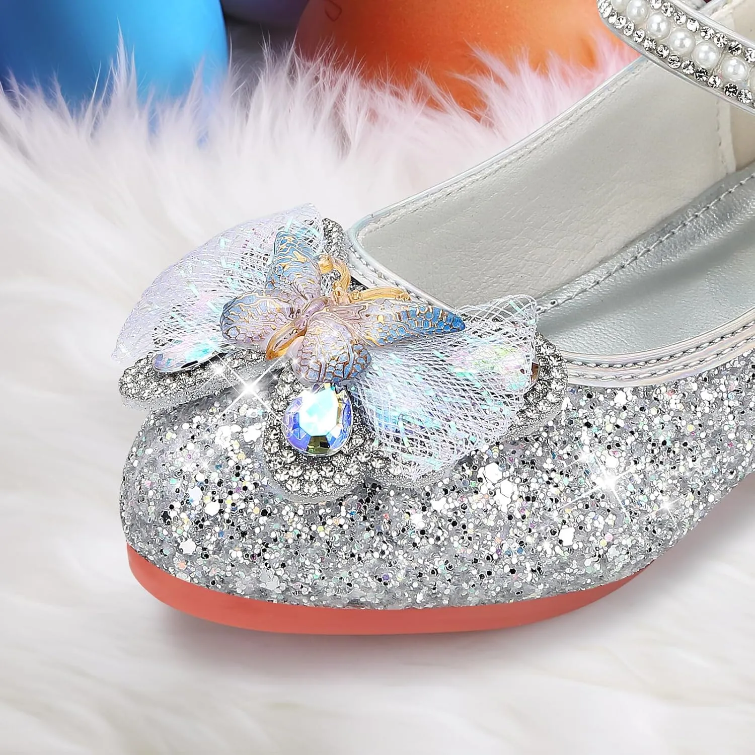 Girls Dress Shoes Mary Jane Princess Shoes Girls' Flats Glitter Low Heels Flower Wedding Party Footwear for Toddler Little/Big Kid