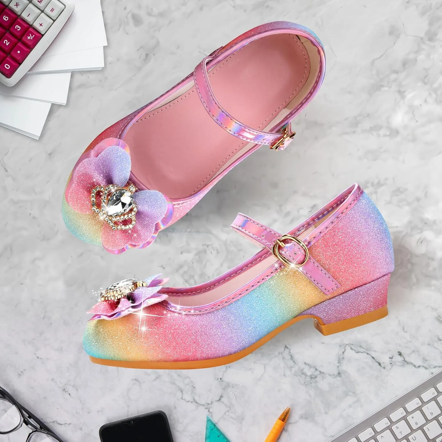 Girls Dress Shoes Mary Jane Princess Shoes Girls' Flats Glitter Low Heels Flower Wedding Party Footwear for Toddler Little/Big Kid