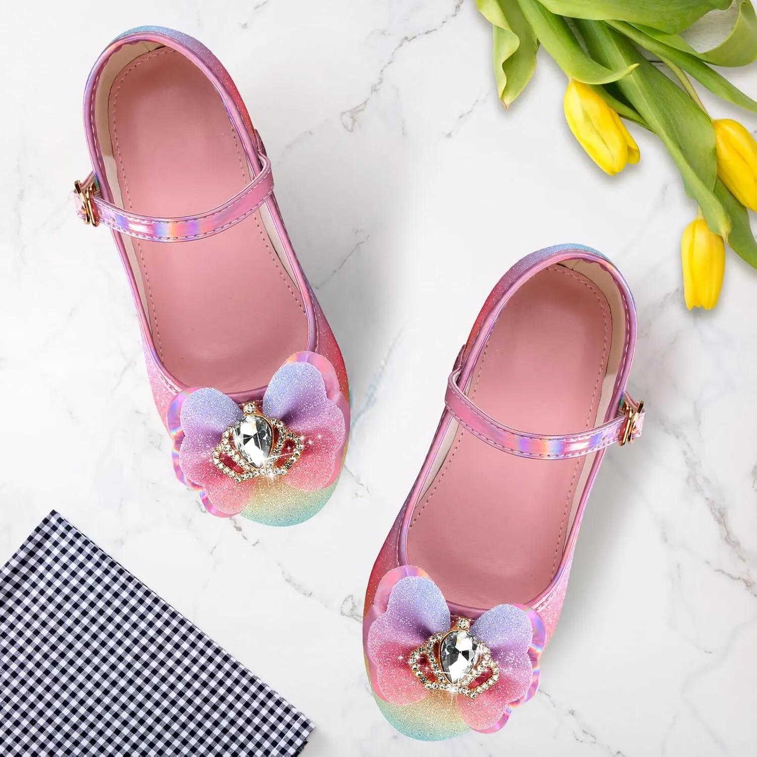 Girls Dress Shoes Mary Jane Princess Shoes Girls' Flats Glitter Low Heels Flower Wedding Party Footwear for Toddler Little/Big Kid
