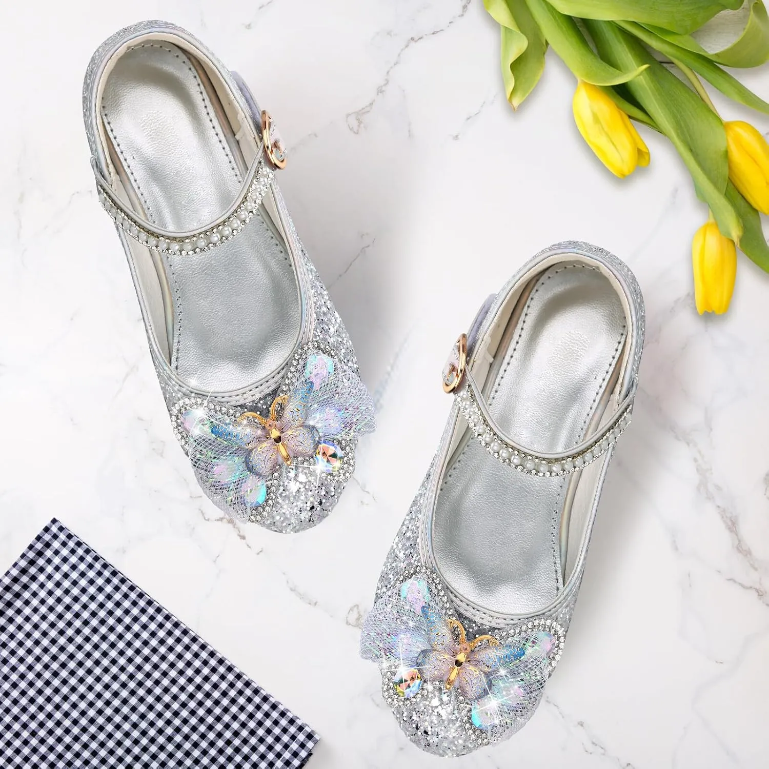 Girls Dress Shoes Mary Jane Princess Shoes Girls' Flats Glitter Low Heels Flower Wedding Party Footwear for Toddler Little/Big Kid