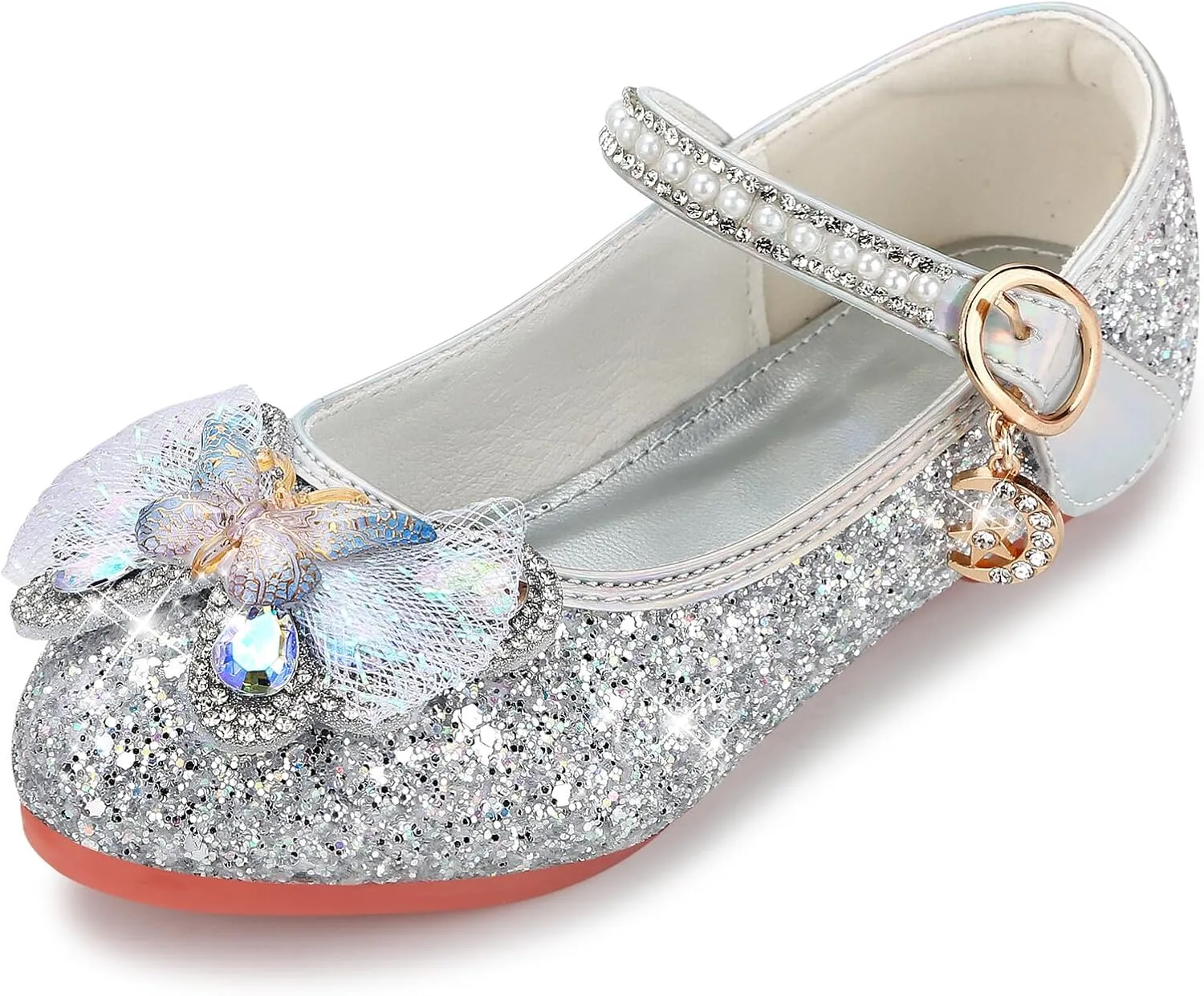 Girls Dress Shoes Mary Jane Princess Shoes Girls' Flats Glitter Low Heels Flower Wedding Party Footwear for Toddler Little/Big Kid