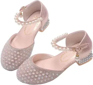 Girls Dress Shoes Mary Jane Sparkly Ballet Flats for Kids Pearl Chain Princess Shoes for Dress-Up Party 5533
