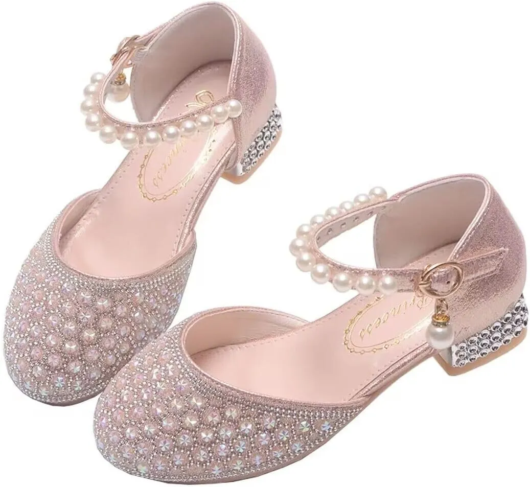 Girls Dress Shoes Mary Jane Sparkly Ballet Flats for Kids Pearl Chain Princess Shoes for Dress-Up Party 5533