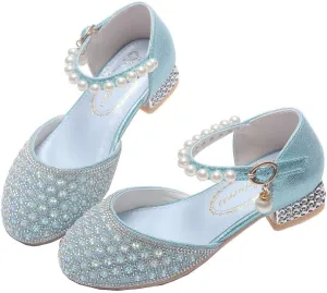 Girls Dress Shoes Mary Jane Sparkly Ballet Flats for Kids Pearl Chain Princess Shoes for Dress-Up Party 5533