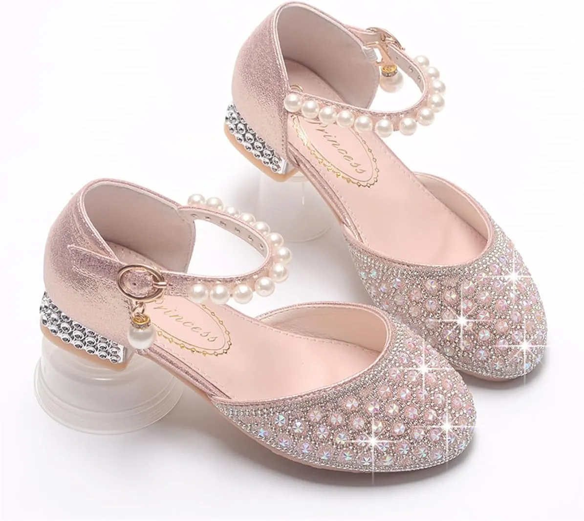 Girls Dress Shoes Mary Jane Sparkly Ballet Flats for Kids Pearl Chain Princess Shoes for Dress-Up Party 5533