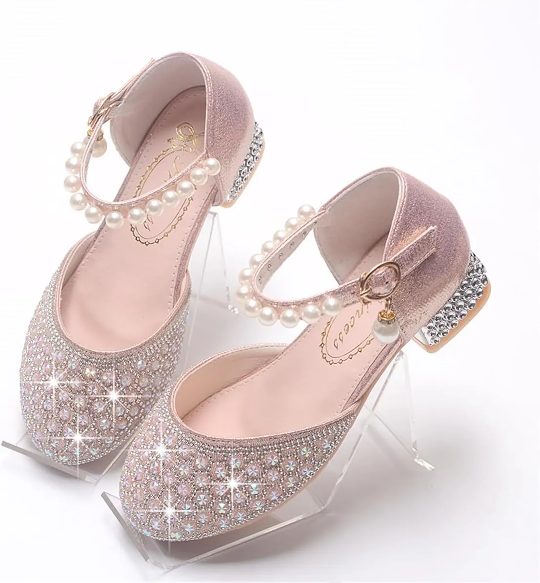 Girls Dress Shoes Mary Jane Sparkly Ballet Flats for Kids Pearl Chain Princess Shoes for Dress-Up Party 5533
