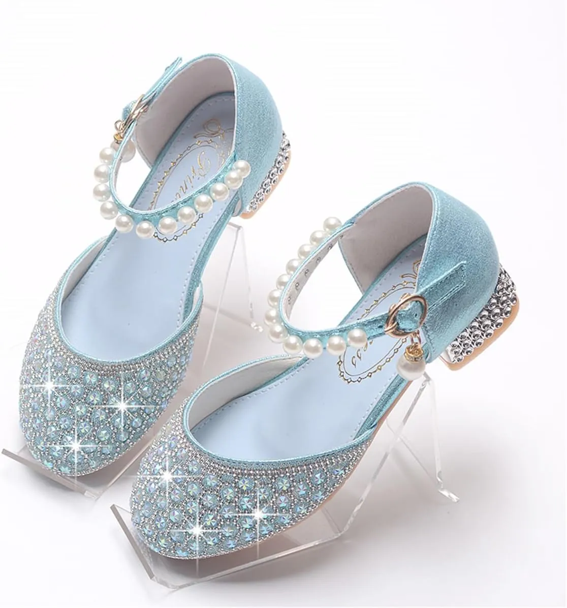 Girls Dress Shoes Mary Jane Sparkly Ballet Flats for Kids Pearl Chain Princess Shoes for Dress-Up Party 5533