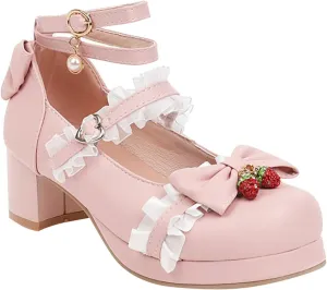 Girls High Heels Lolita Shoes Cute Bow Heels Mary Janes Dress Platform Strappy Black, Pink High Heels Size 4, 11, 10, 2, 1 for Girls