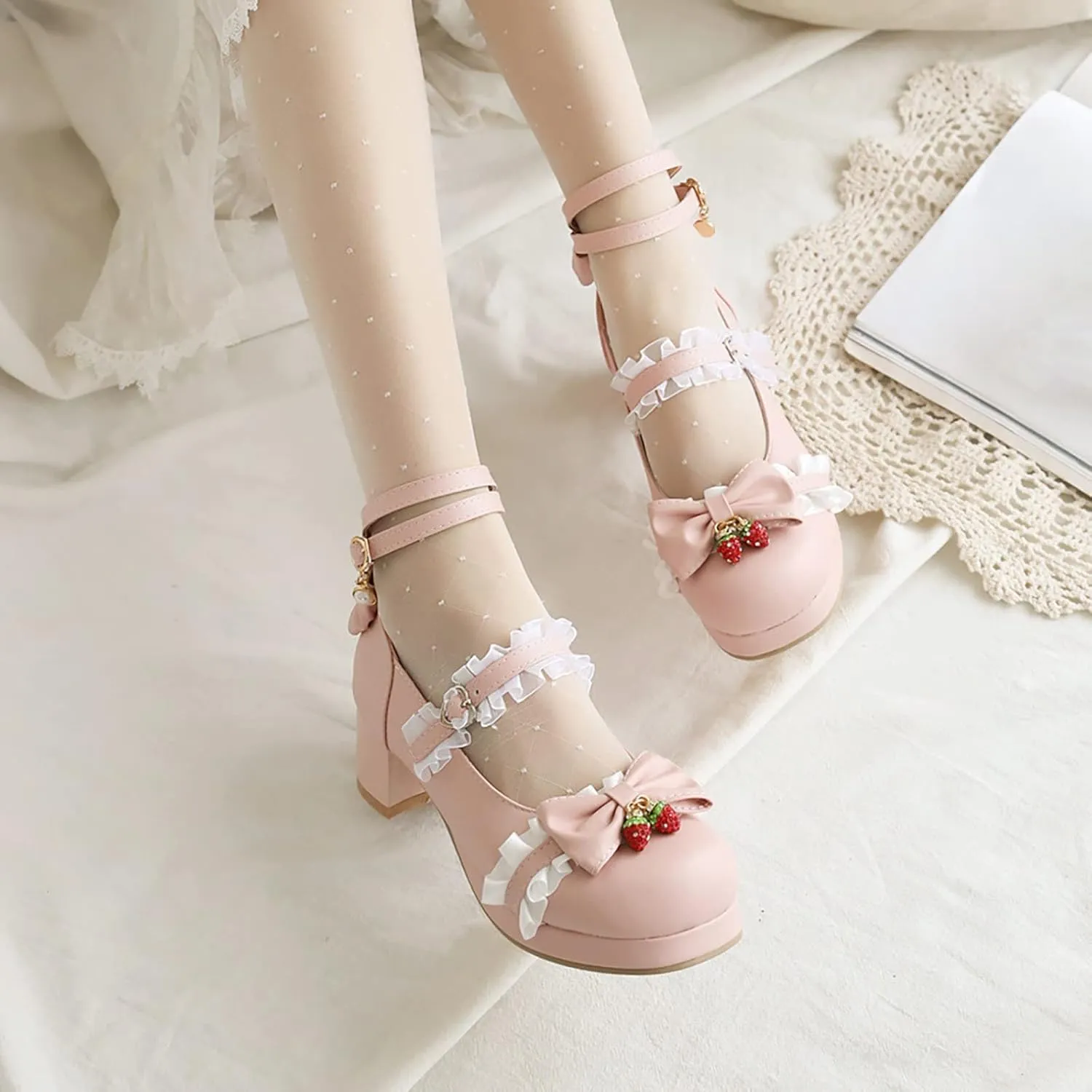 Girls High Heels Lolita Shoes Cute Bow Heels Mary Janes Dress Platform Strappy Black, Pink High Heels Size 4, 11, 10, 2, 1 for Girls