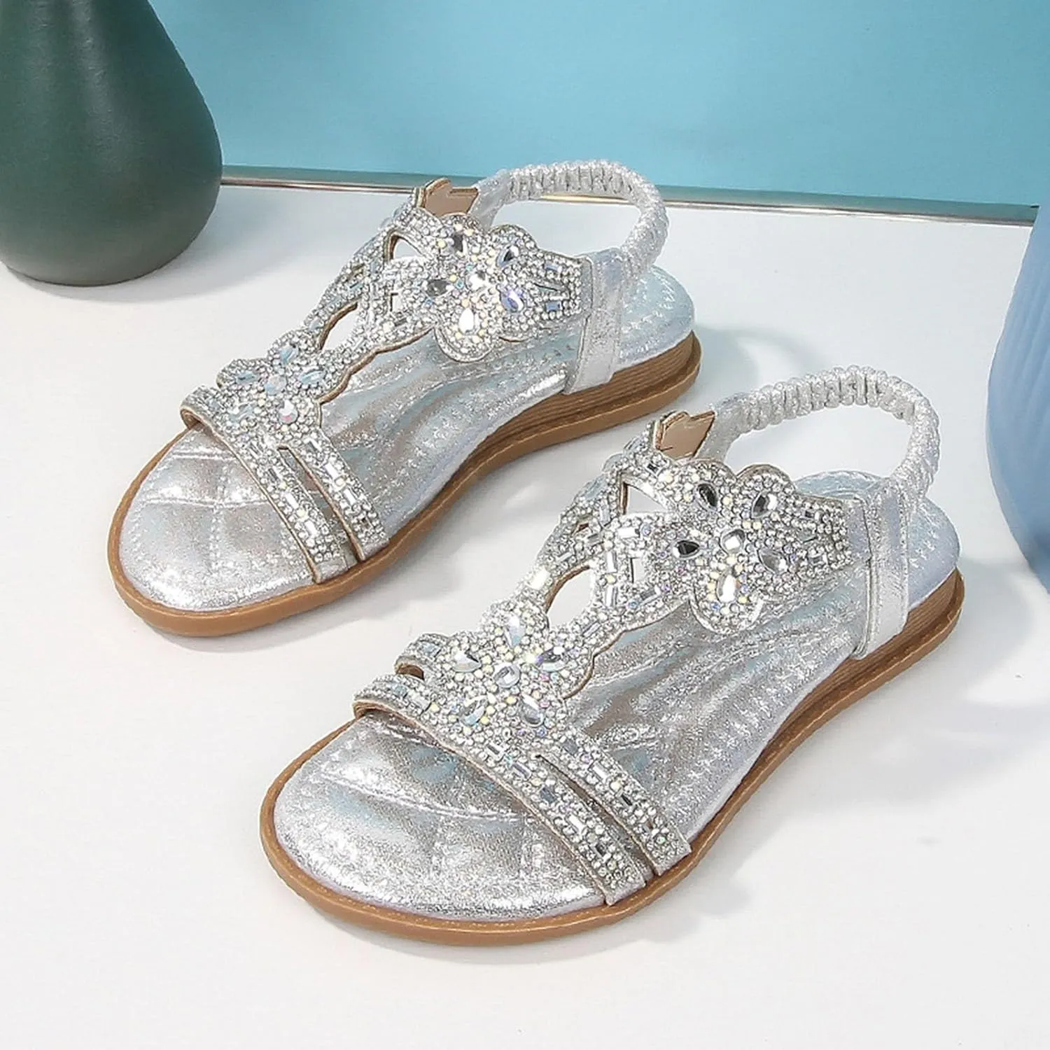 Girls Sparkly Princess Mary Jane Ballet Flats Soft Sole Sandals Kids Glitter Rhinestone Flower Wedding Party Shoes