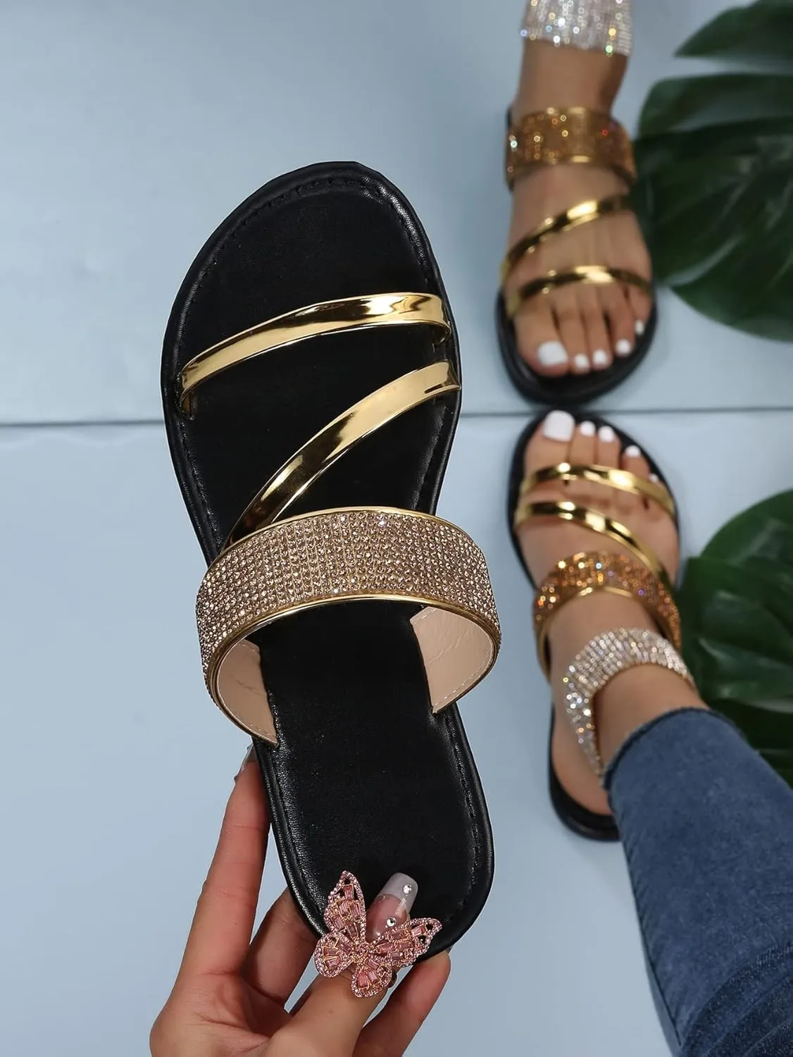 GORGLITTER Women's Metallic Strappy Flat Sandals Dressy Sparkly Open Toe Slide Vacation Summer Sandals