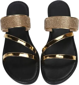 GORGLITTER Women's Metallic Strappy Flat Sandals Dressy Sparkly Open Toe Slide Vacation Summer Sandals