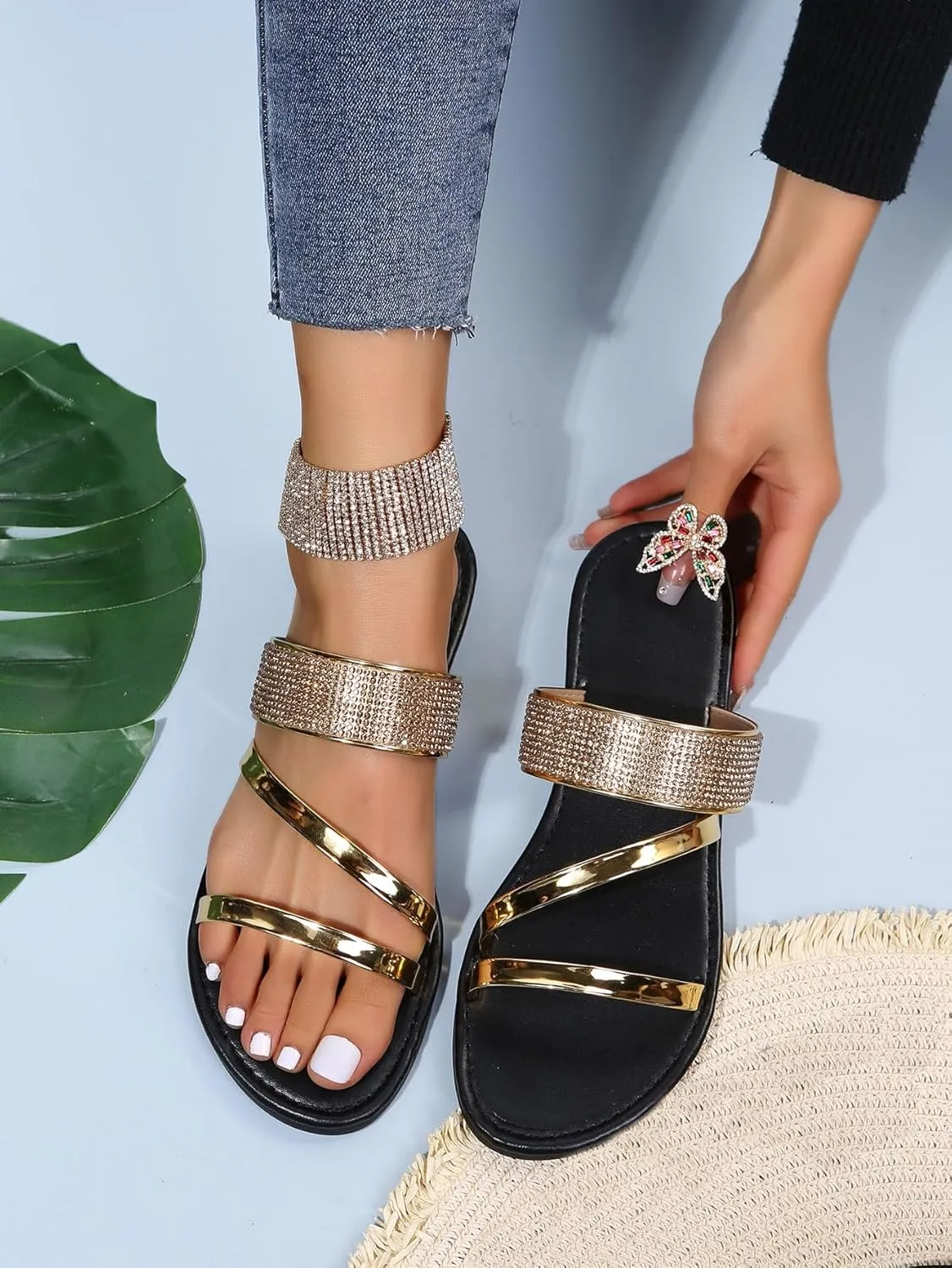 GORGLITTER Women's Metallic Strappy Flat Sandals Dressy Sparkly Open Toe Slide Vacation Summer Sandals