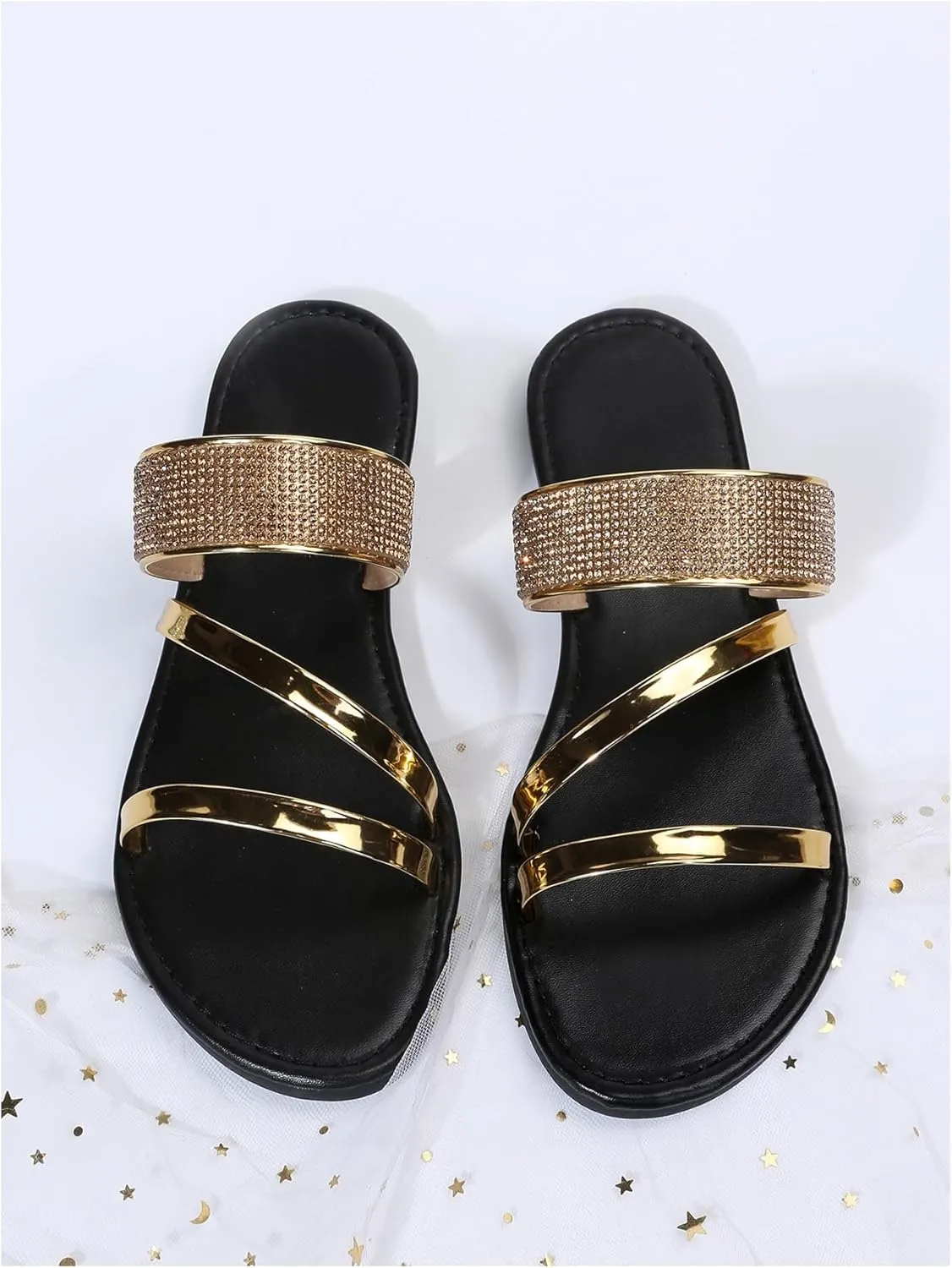 GORGLITTER Women's Metallic Strappy Flat Sandals Dressy Sparkly Open Toe Slide Vacation Summer Sandals