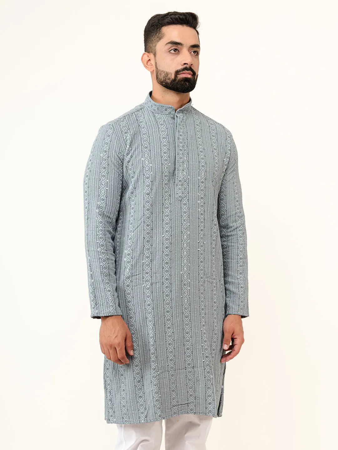 Grey Sequence Designer Cotton Embroidered kurta for Men
