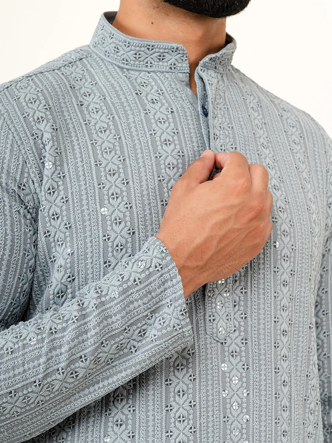 Grey Sequence Designer Cotton Embroidered kurta for Men