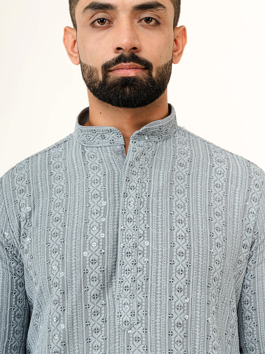 Grey Sequence Designer Cotton Embroidered kurta for Men