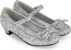 Haysandy Girls Glitter Dress Shoes Low Heel Princess Flats for Kids Toddler Flower Wedding Party Shoes with 2 Pairs Socks