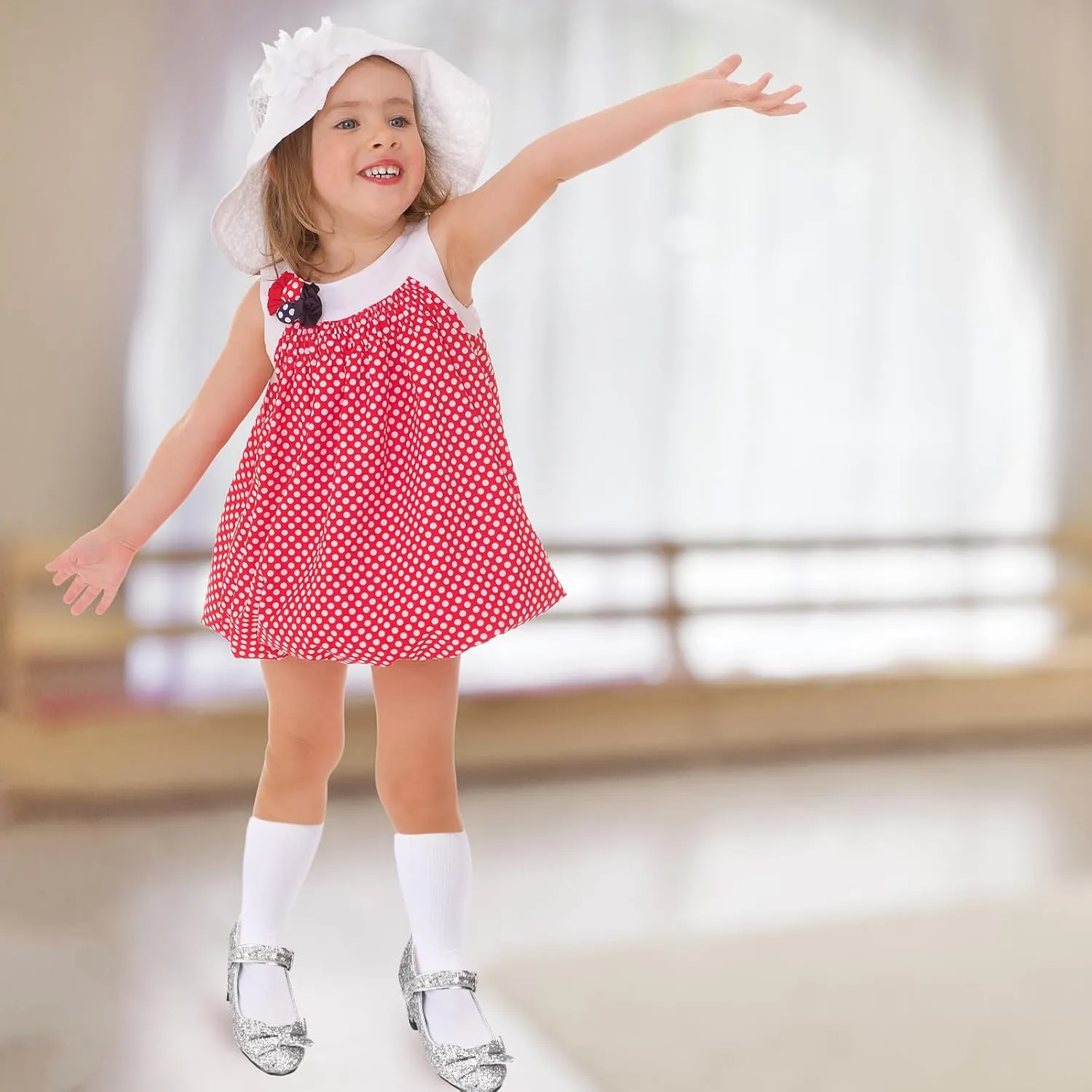Haysandy Girls Glitter Dress Shoes Low Heel Princess Flats for Kids Toddler Flower Wedding Party Shoes with 2 Pairs Socks