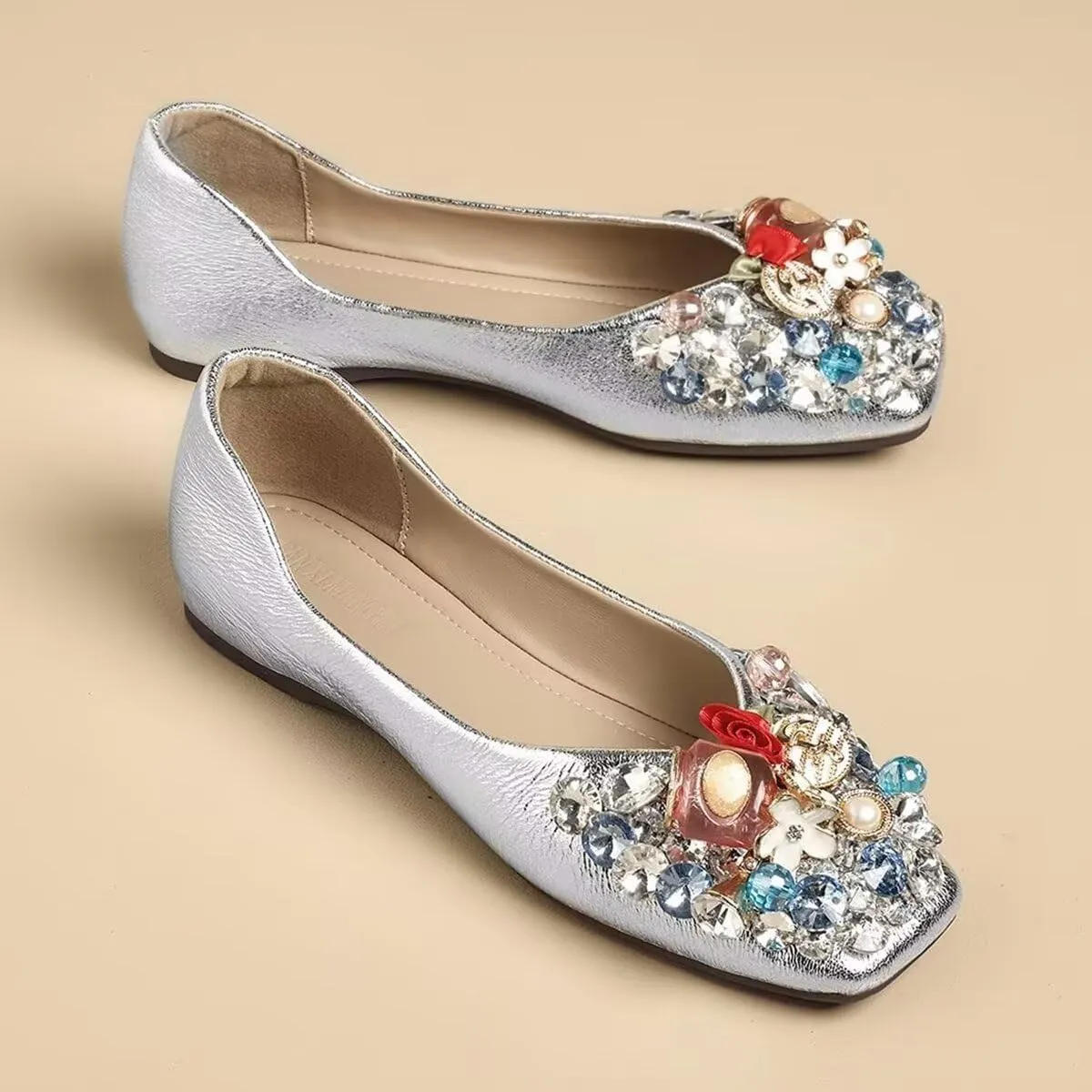 Hee grand Fashion Crystals Dress Shoes for Women Sparkly Rhinestone Wedding Shoes Comfortable Square Toe Slip On Ballet Flats