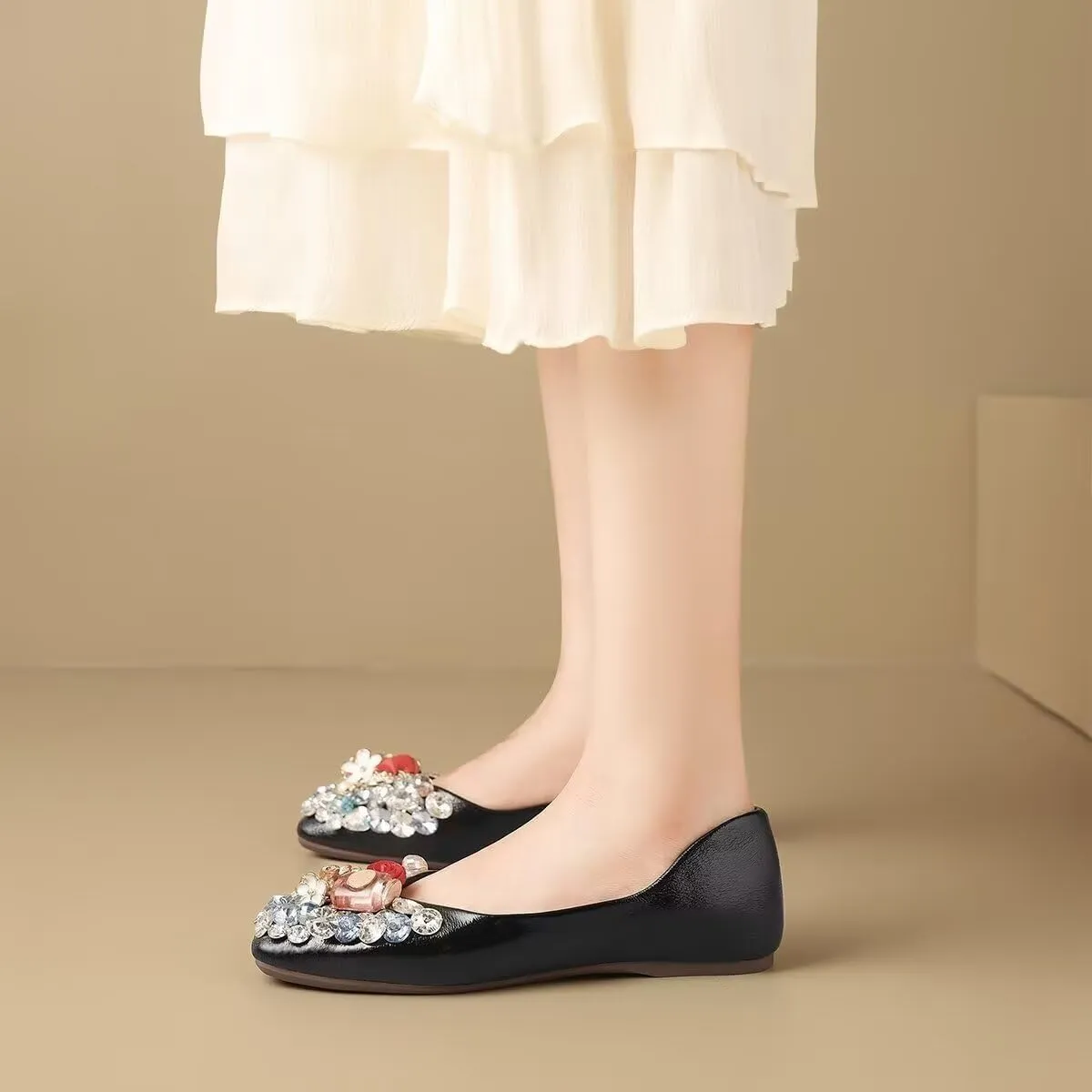 Hee grand Fashion Crystals Dress Shoes for Women Sparkly Rhinestone Wedding Shoes Comfortable Square Toe Slip On Ballet Flats