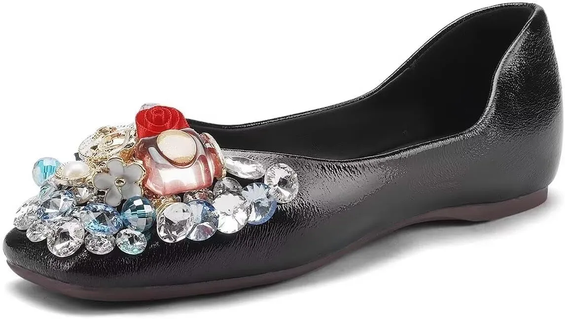 Hee grand Fashion Crystals Dress Shoes for Women Sparkly Rhinestone Wedding Shoes Comfortable Square Toe Slip On Ballet Flats