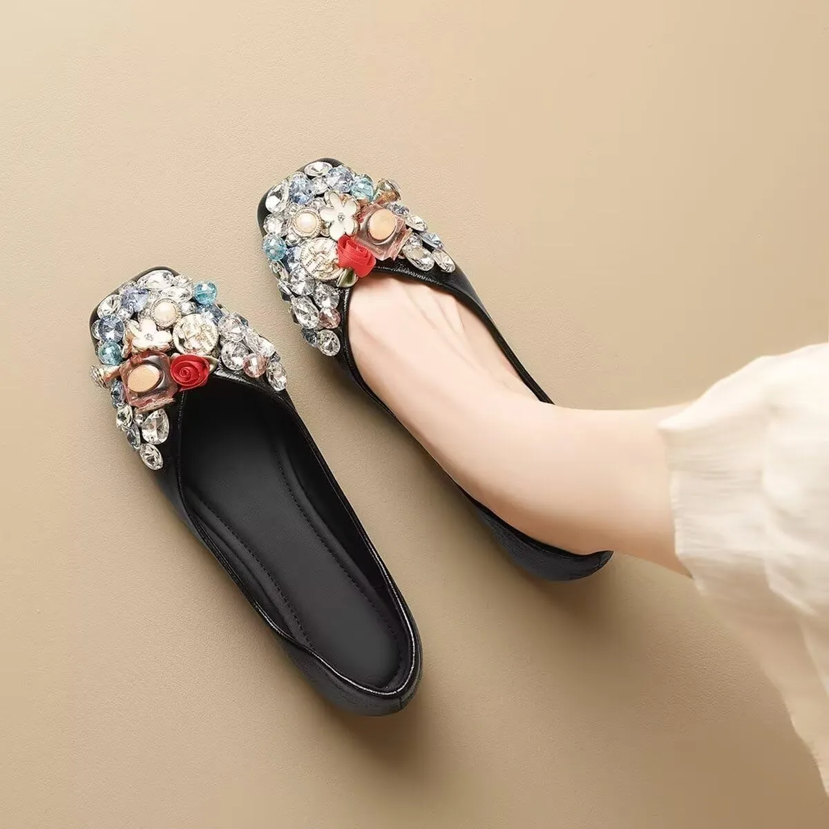 Hee grand Fashion Crystals Dress Shoes for Women Sparkly Rhinestone Wedding Shoes Comfortable Square Toe Slip On Ballet Flats