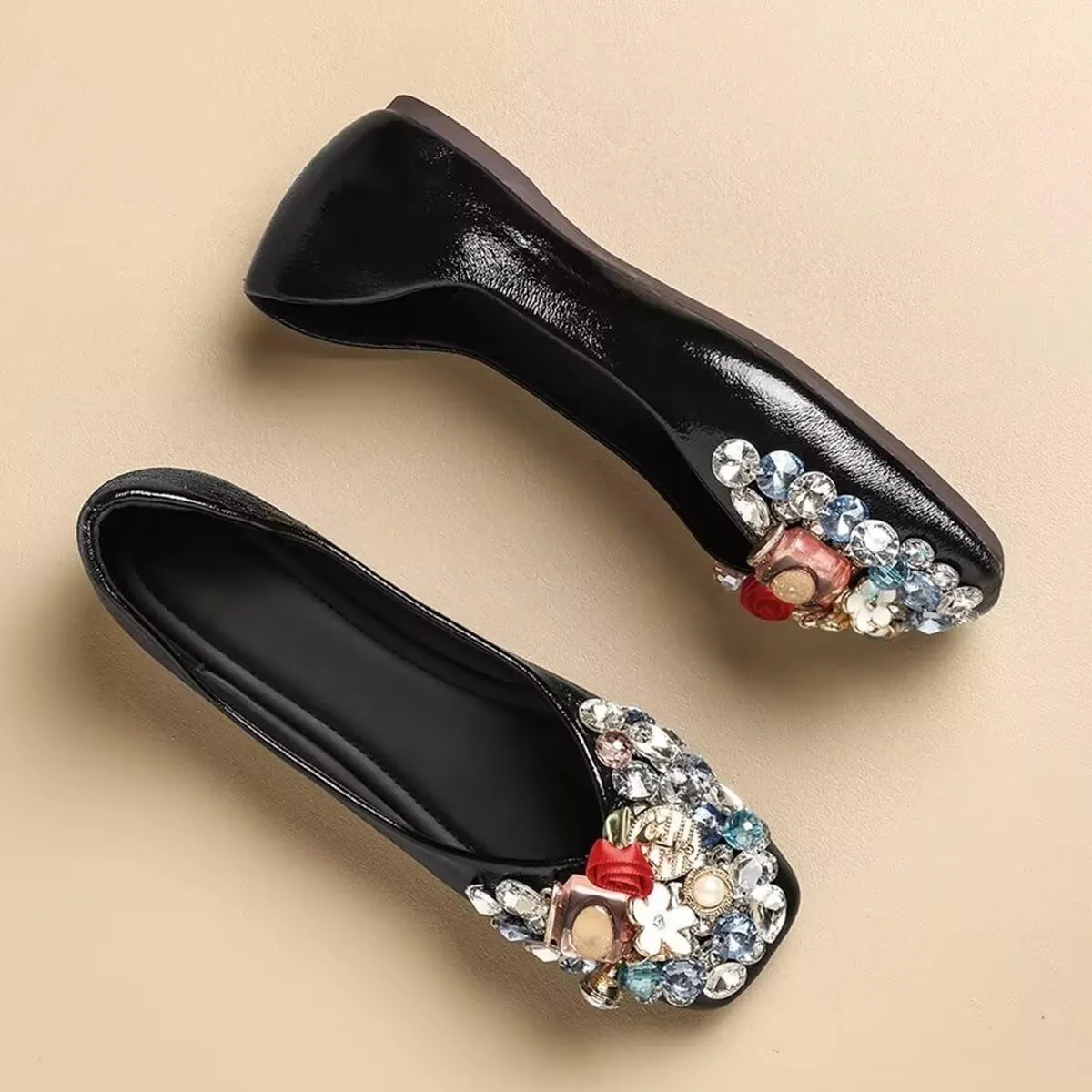 Hee grand Fashion Crystals Dress Shoes for Women Sparkly Rhinestone Wedding Shoes Comfortable Square Toe Slip On Ballet Flats