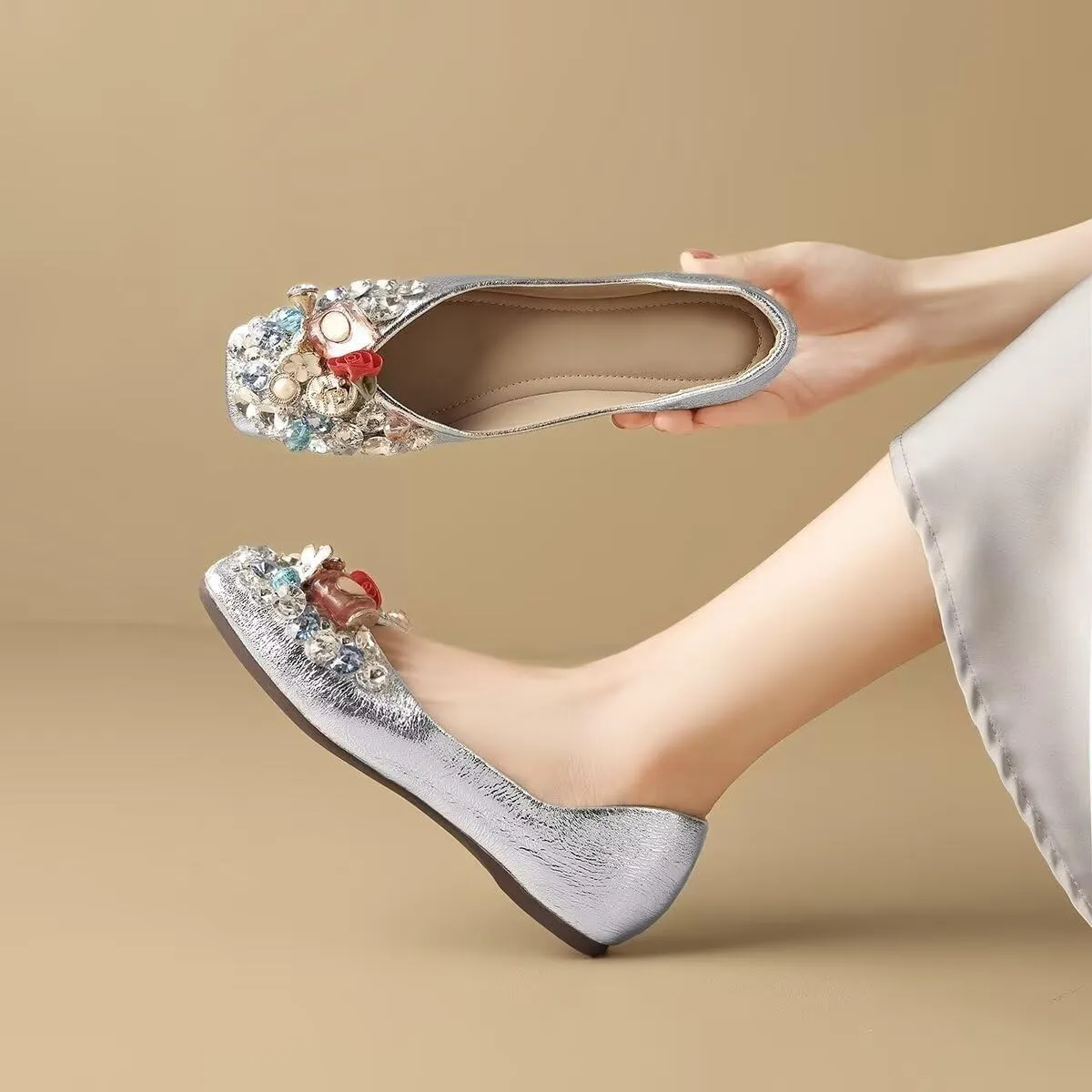 Hee grand Fashion Crystals Dress Shoes for Women Sparkly Rhinestone Wedding Shoes Comfortable Square Toe Slip On Ballet Flats