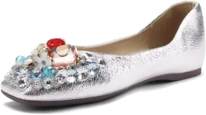 Hee grand Fashion Crystals Dress Shoes for Women Sparkly Rhinestone Wedding Shoes Comfortable Square Toe Slip On Ballet Flats