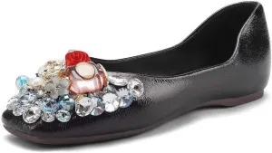 Hee grand Fashion Crystals Dress Shoes for Women Sparkly Rhinestone Wedding Shoes Comfortable Square Toe Slip On Ballet Flats