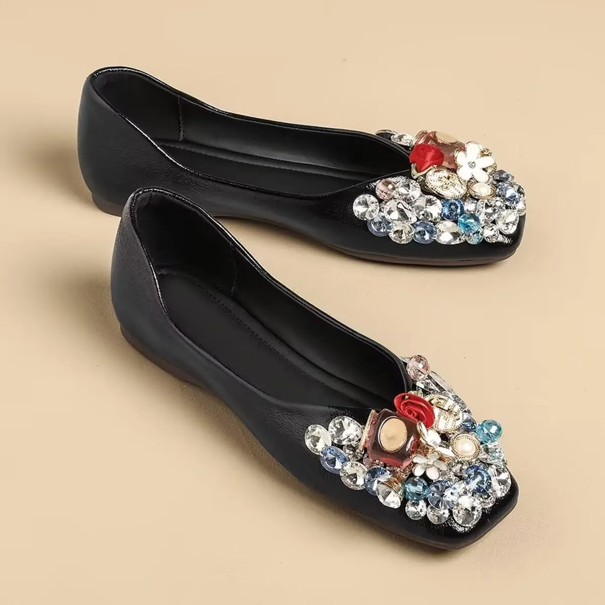 Hee grand Fashion Crystals Dress Shoes for Women Sparkly Rhinestone Wedding Shoes Comfortable Square Toe Slip On Ballet Flats