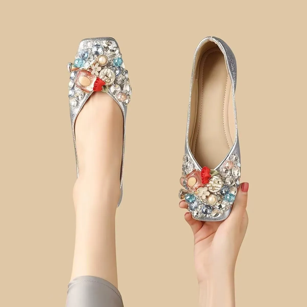 Hee grand Fashion Crystals Dress Shoes for Women Sparkly Rhinestone Wedding Shoes Comfortable Square Toe Slip On Ballet Flats