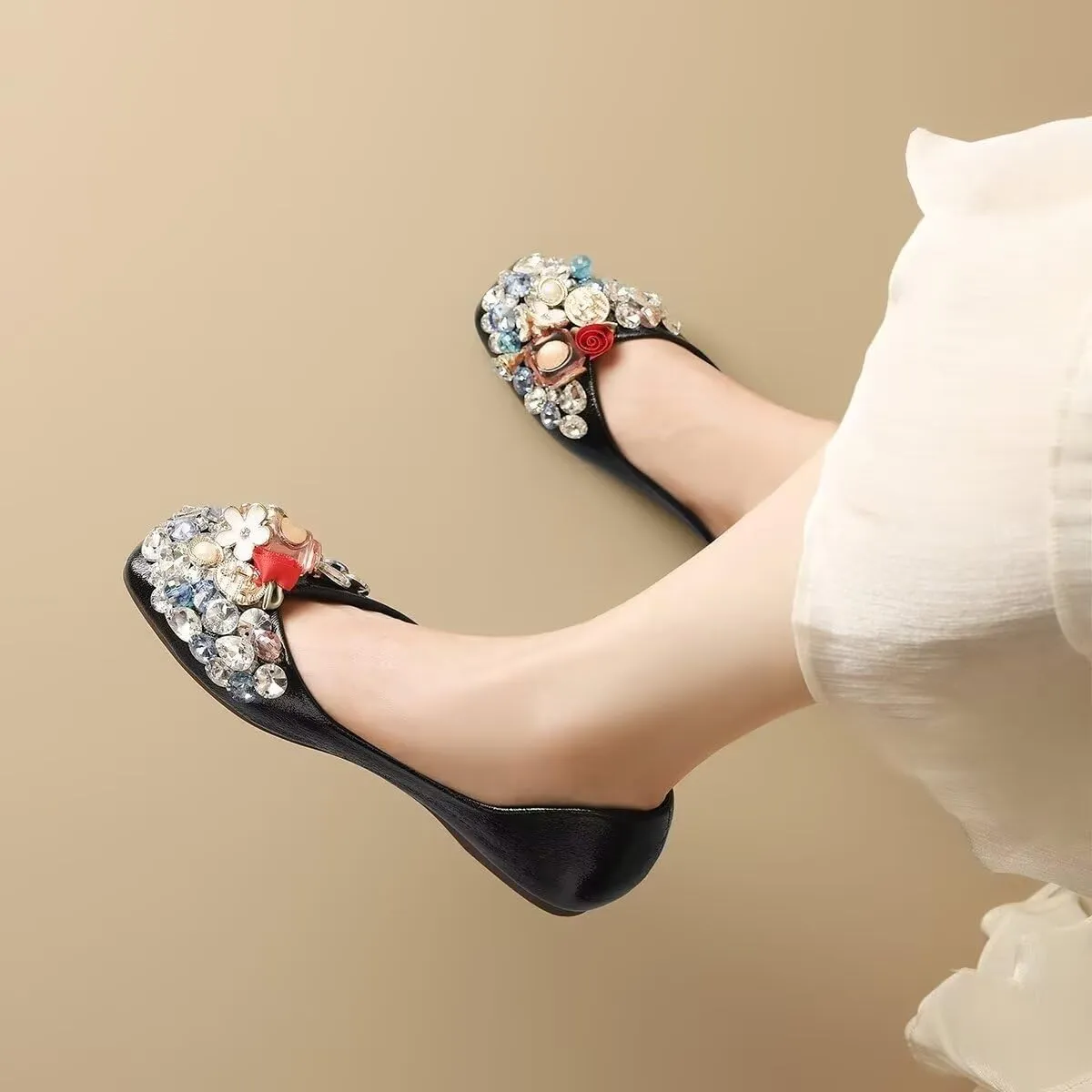 Hee grand Fashion Crystals Dress Shoes for Women Sparkly Rhinestone Wedding Shoes Comfortable Square Toe Slip On Ballet Flats